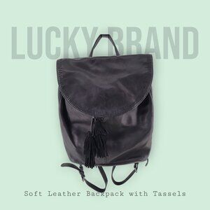 Lucky Brand Black Leather Backpack | Tassel Flap | Casual Boho Daypack